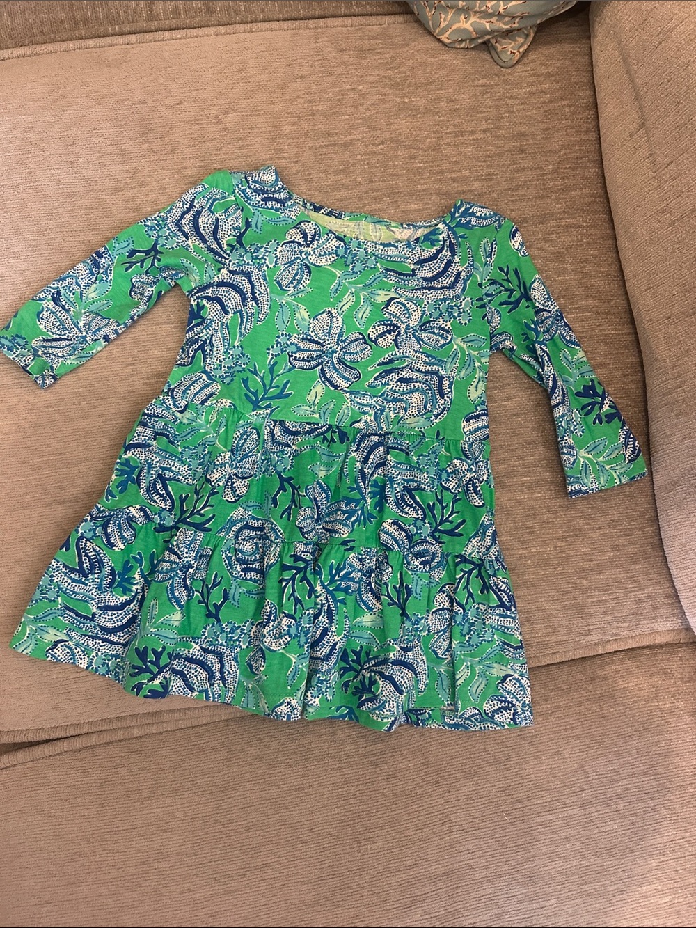 Green Floral Tiered Long-Sleeve Kids Dress